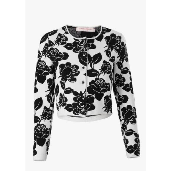 Carolina Herrera Cropped Knit Cardigan in White Black XS - Picture 2 of 4